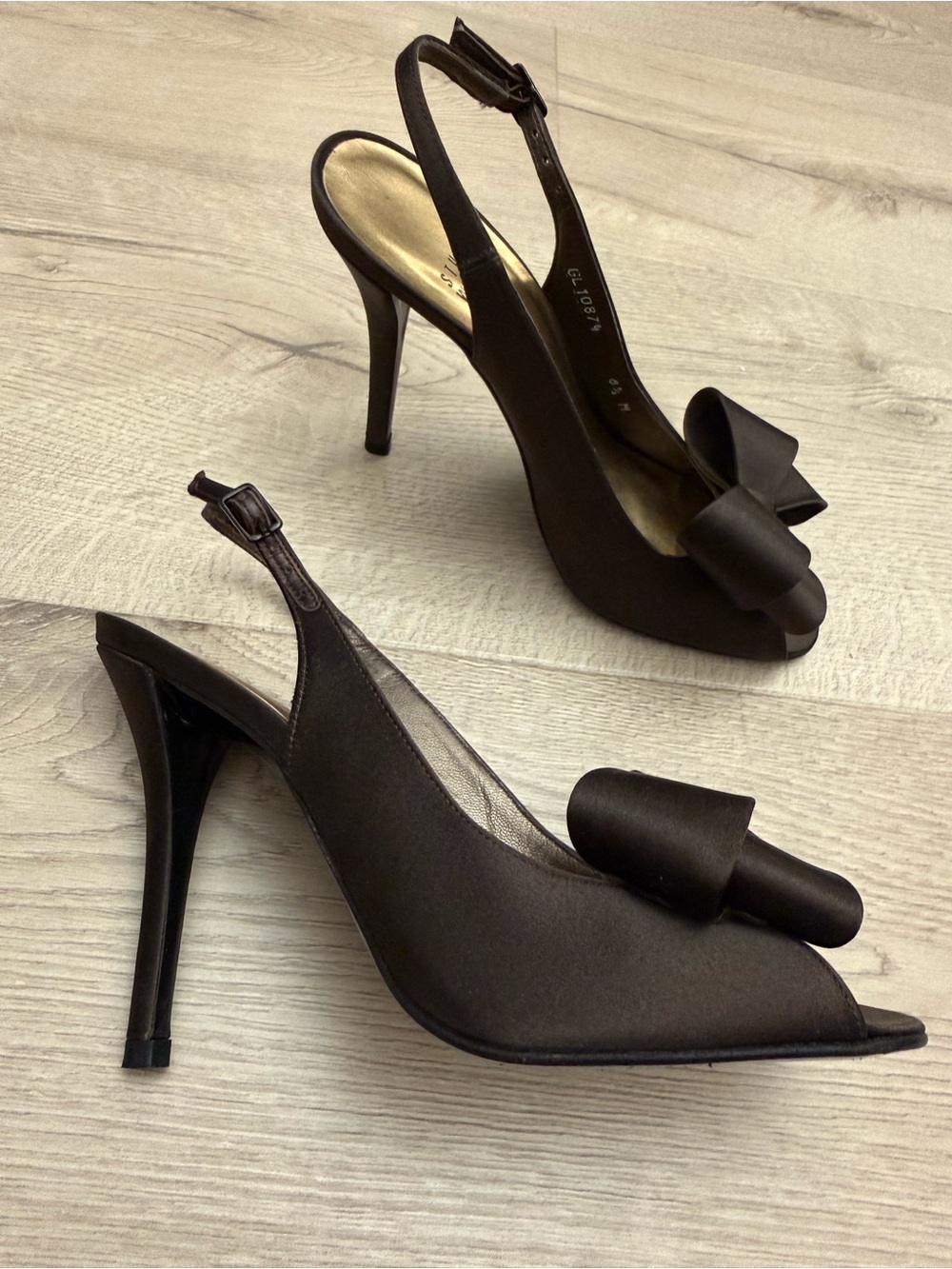 Stuart Weitzman Chocolate Satin Slingback Peep-Toe Heels with Bow
